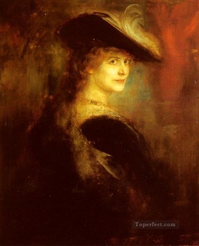 Franz von Lenbach Painting - Retrato de una dama elegante con traje rubenesco Franz von Lenbach